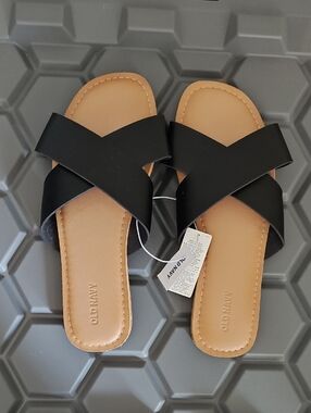 Old Navy Women's Black Crossband Slide Sandals with Tan Footbed